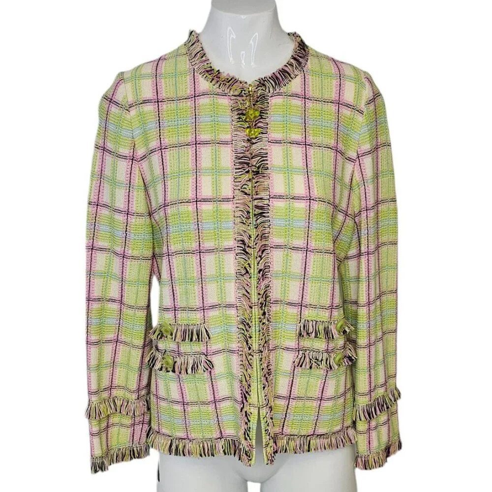 St. John Collection Tweed Pattern Zip Up Evening Jacket Fringe Accents Size 4